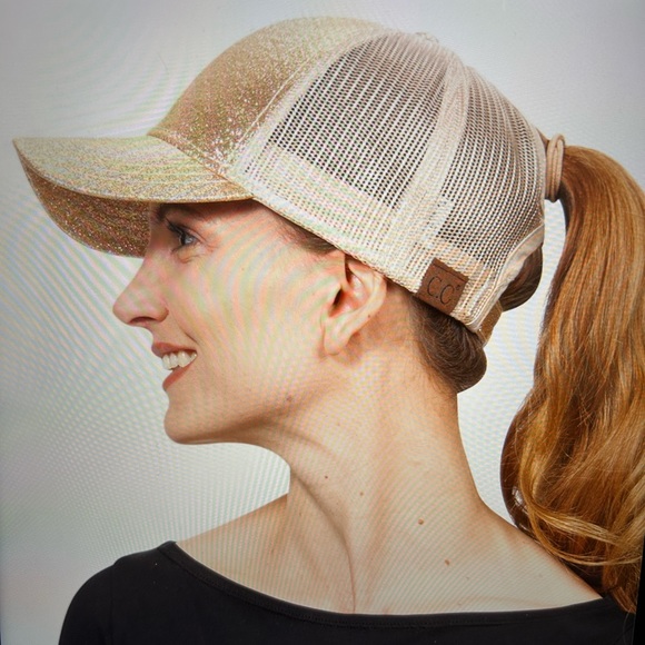 CC Exclusives Gold Glitter Hat High Ponytail Adjustable with Monogram Logo Patch - Picture 2 of 9